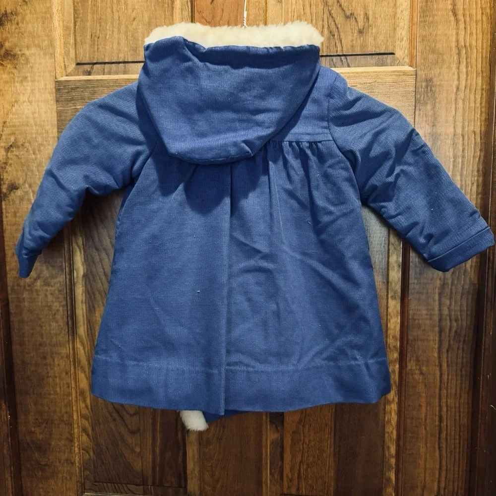 Vintage Fischel by Johnston Girls 3T Blue Corduroy Hooded Coat Muff Faux Fur
